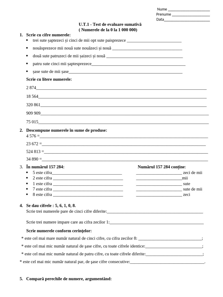MATE U 1 - NR 0 1 000 000 Test de Evaluare Sumativă | PDF
