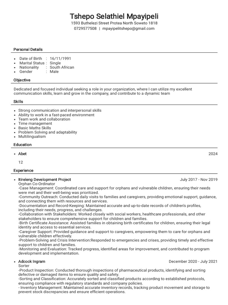 CV Tshepo Selathiel Mpayipeli | PDF | Business