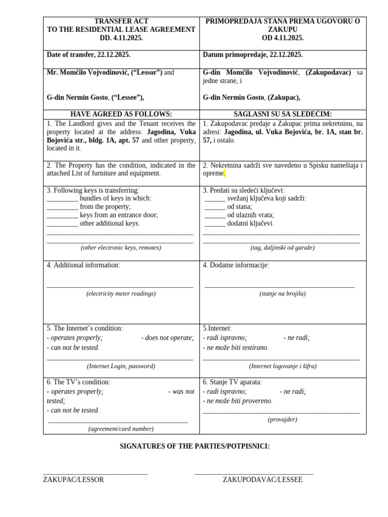 Residential Lease Transfer Agreement | PDF | Lease | Law Of Obligations