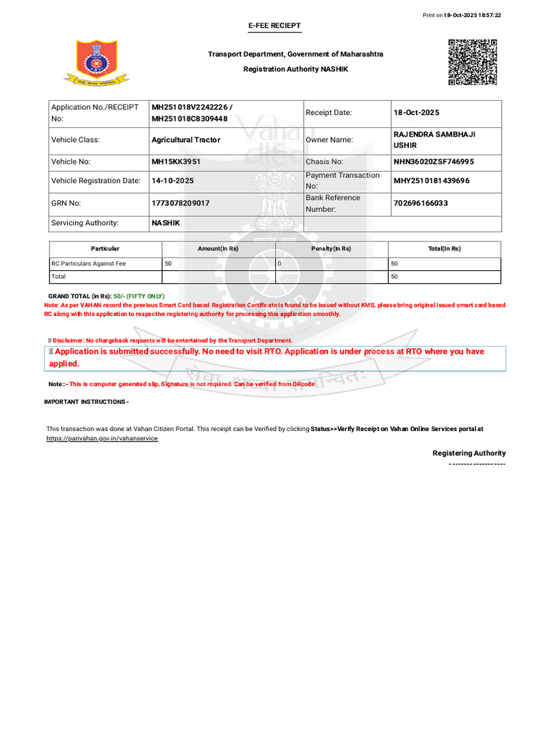 Maharashtra Tractor Registration Receipt | PDF | Receipt