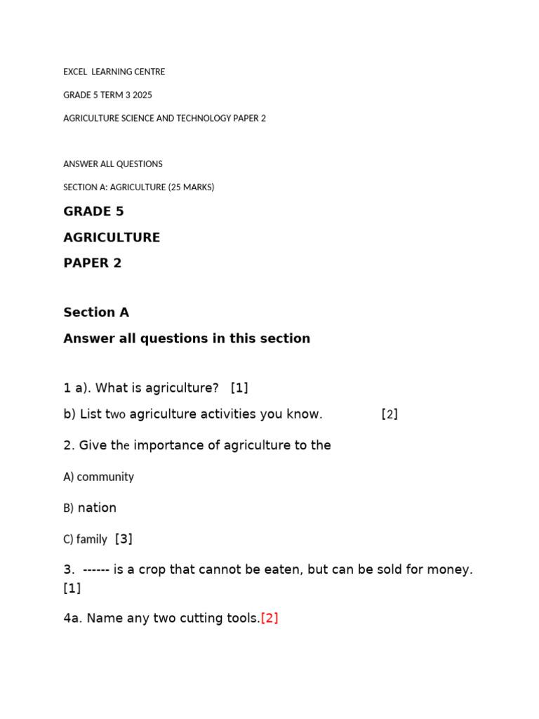 Grade 5 Agriculture Science Exam 2025 | PDF