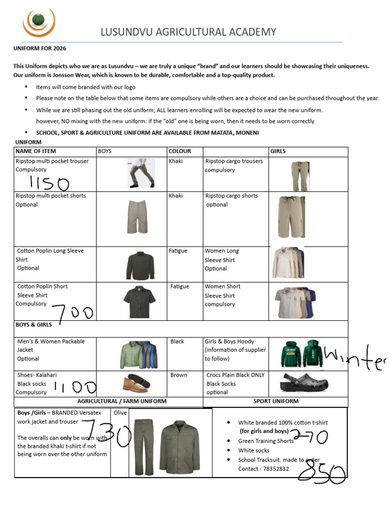 Lusundvu Academy 2026 Uniform Guide | PDF | Shirt | Clothing