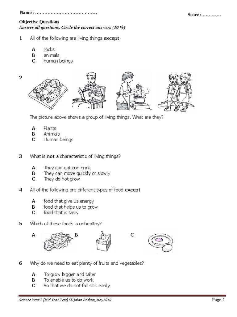 Year 2 Science Mid-Year Test 2010 | PDF | Recreation | Foods