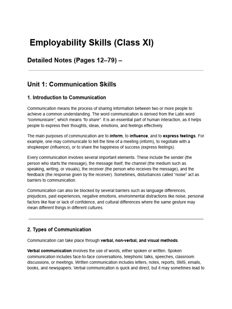 Employability Skills for Class XI: Notes | PDF | Communication ...