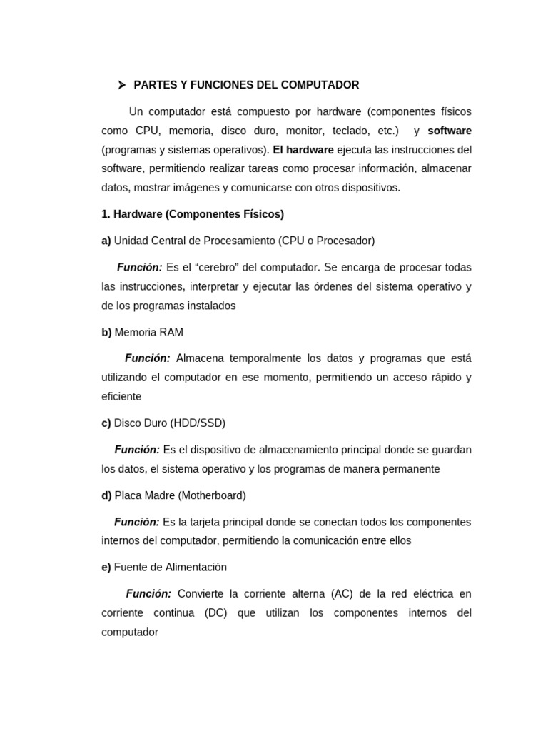 Partes y Funciones del Computador | PDF | Hardware de la computadora ...
