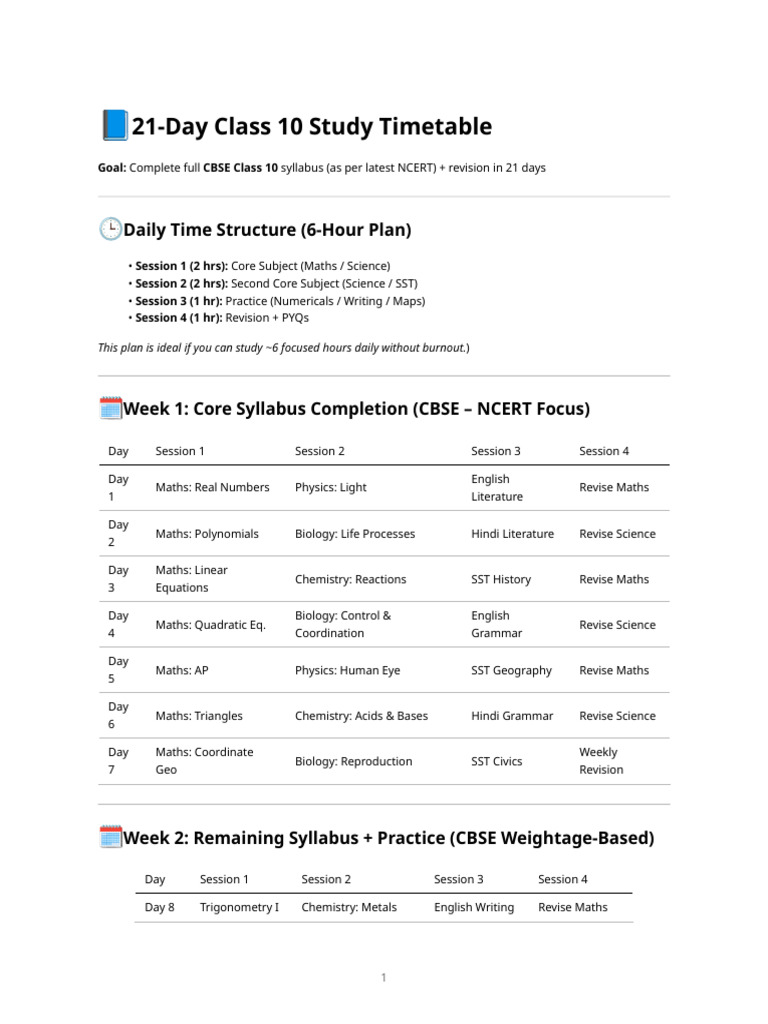 21-Day CBSE Class 10 Study Plan | PDF | Mathematics