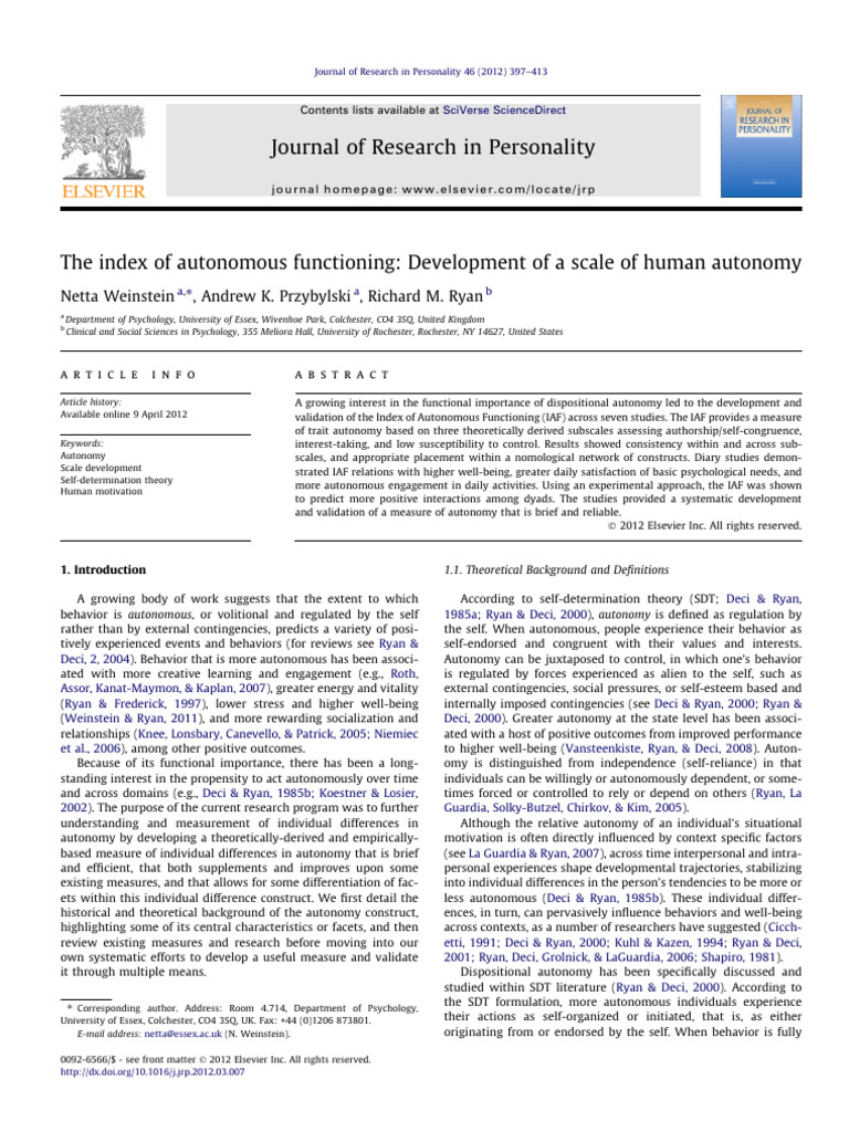 Index of Autonomous Functioning Scale | PDF | Autonomy | Validity ...