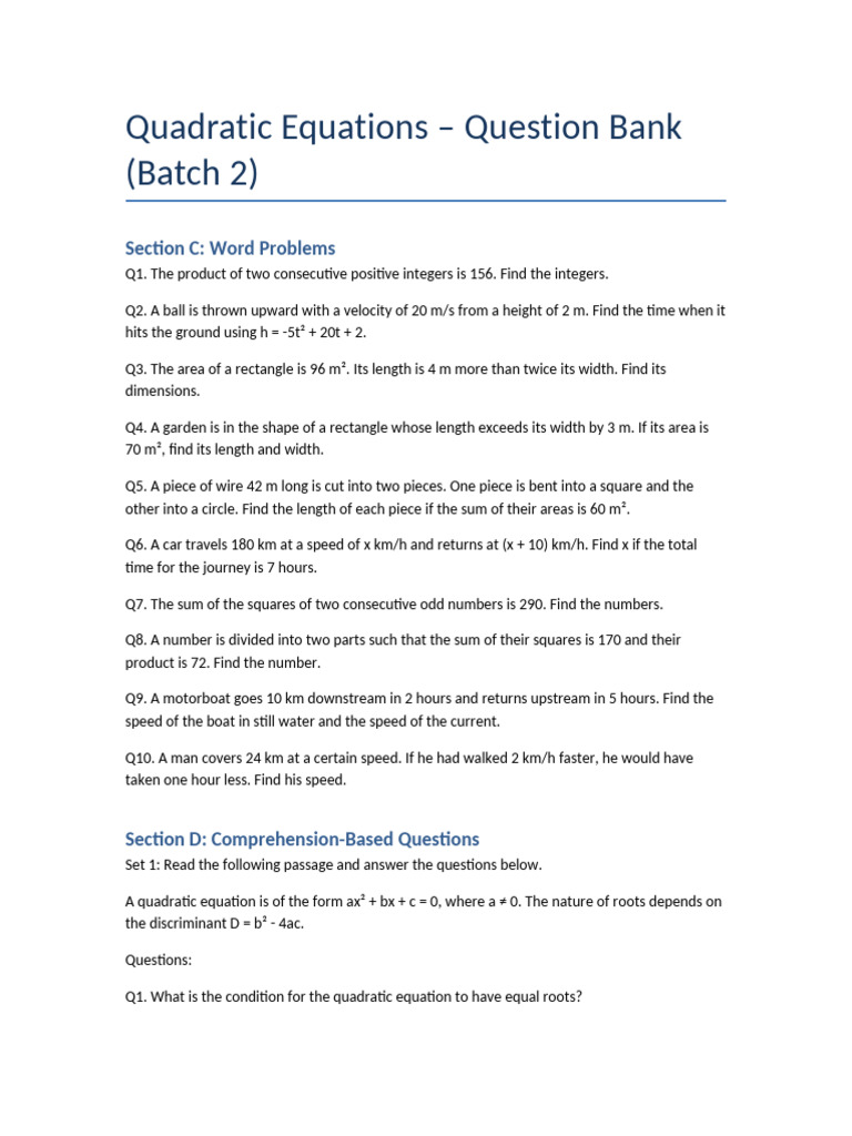 Quadratic Equations Word Problems Bank | PDF | Area | Quadratic Equation