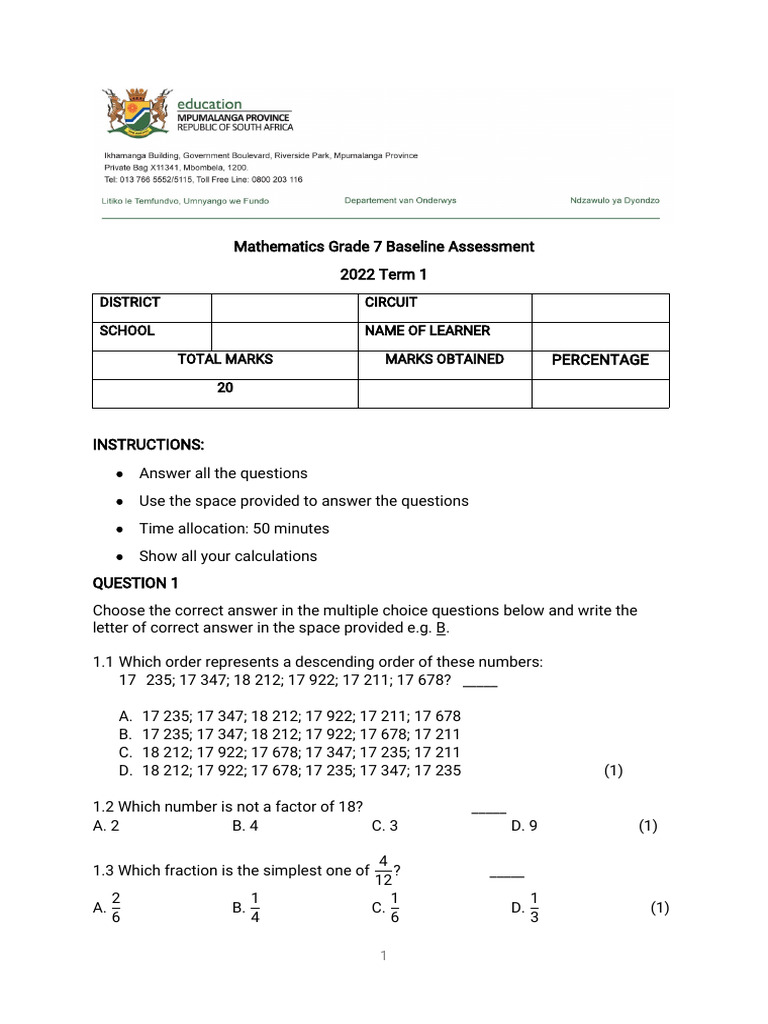 Grade 7 Mathematics Baseline Assessment Term 1 | PDF