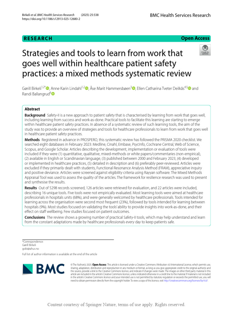 Safety-II Tools for Patient Safety Learning | PDF | Systematic Review ...