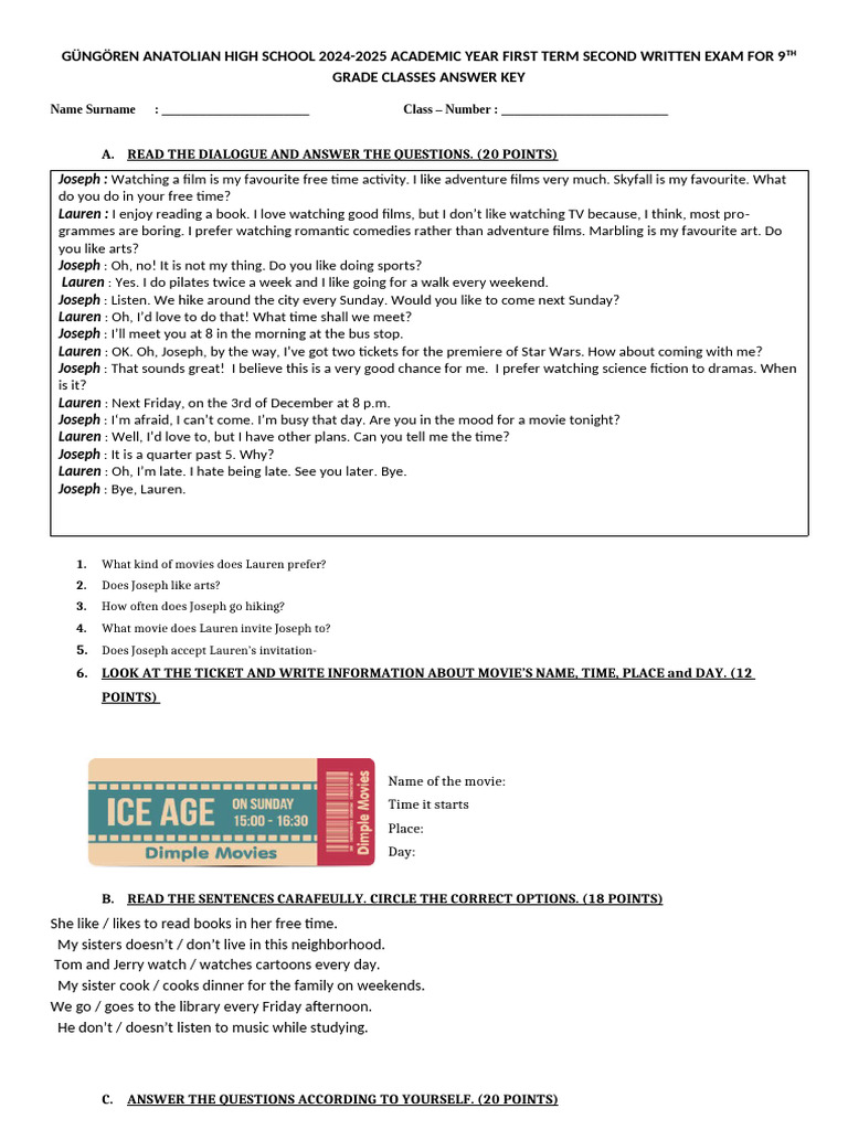 9th Grade Exam Answer Key 2024-2025 | PDF