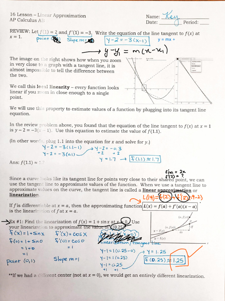 5.5+Linear+Approximation+Notes+(Linearization) Filled+In | PDF ...