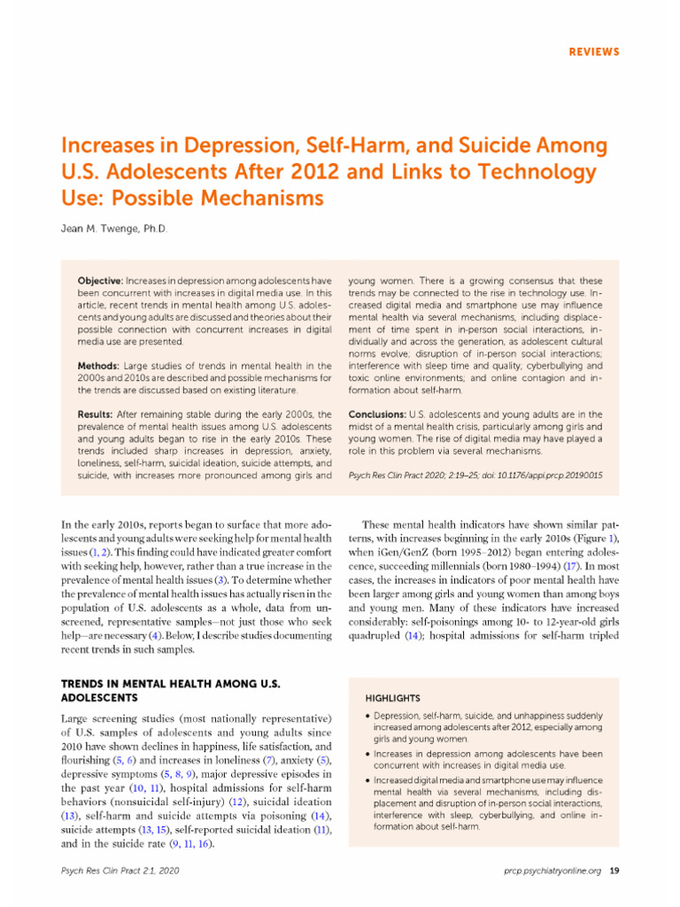 Increases in Depression, Self‐Harm, And Suicide AmongU.S. Adolescents ...