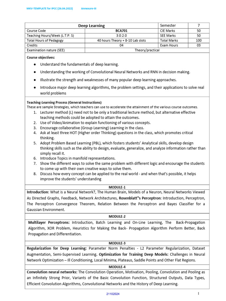Deep Learning Course Syllabus BCA701 | PDF | Public Key Cryptography ...