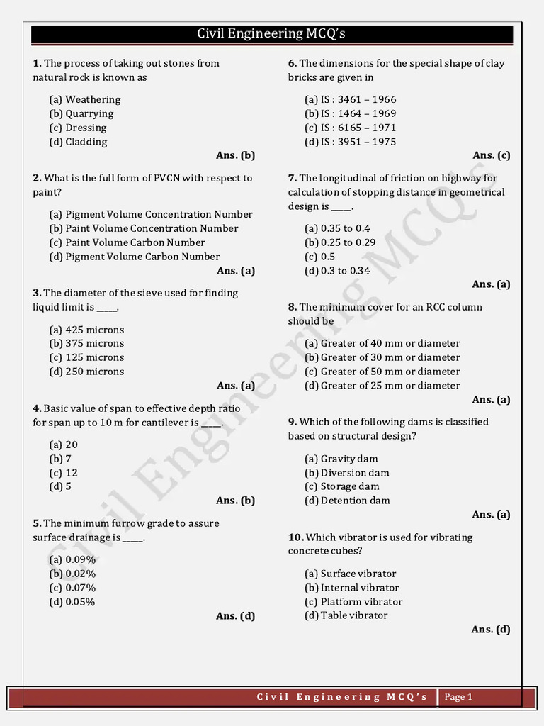 Civil Engineering MCQs for Exam Prep | PDF | Drag (Physics) | Stress ...