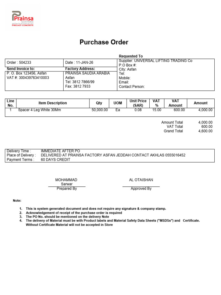Purchase Order 504233 for Universal Lifting | PDF