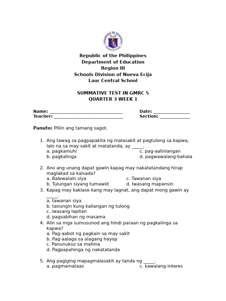 q2 GMRC 5 Sum Test Week 1 | PDF