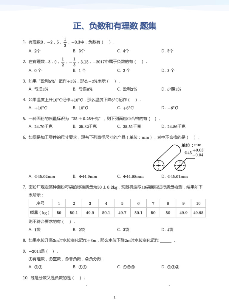 正、负数和有理数 题集(学生版) | PDF