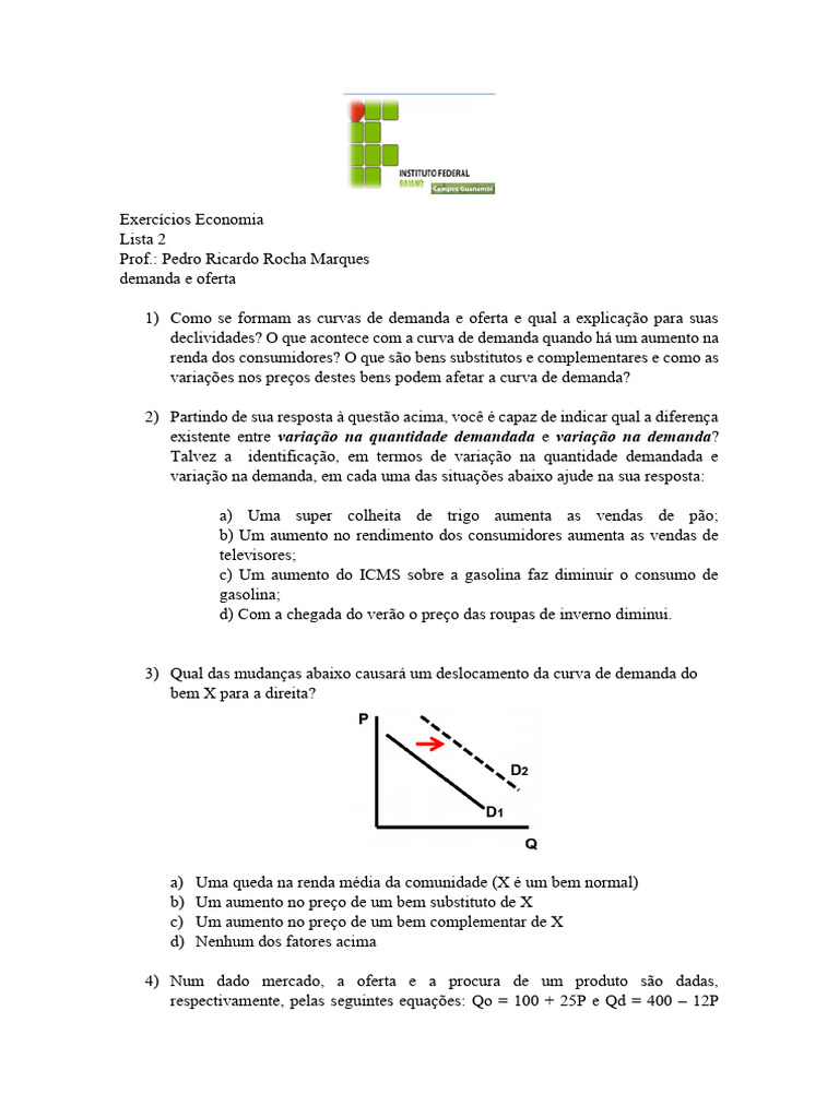 Exercícios sobre Demanda e Oferta | PDF | Demanda | Oferta e procura