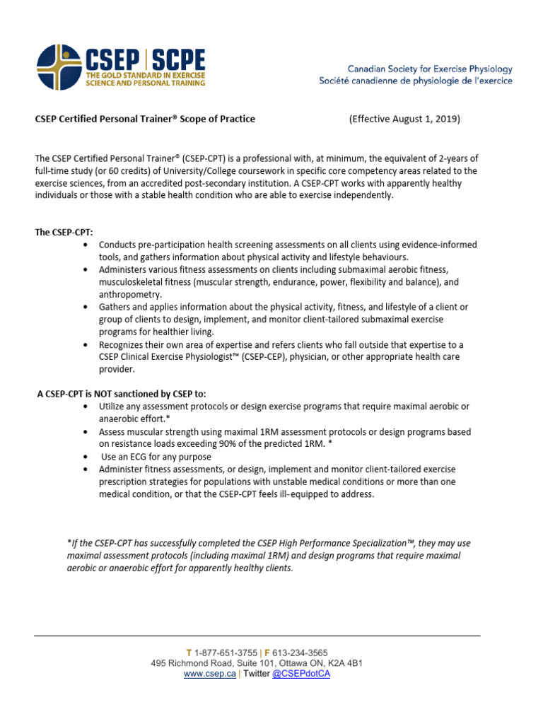 CSEP Certified Personal Trainer Scope | PDF | Personal Trainer ...