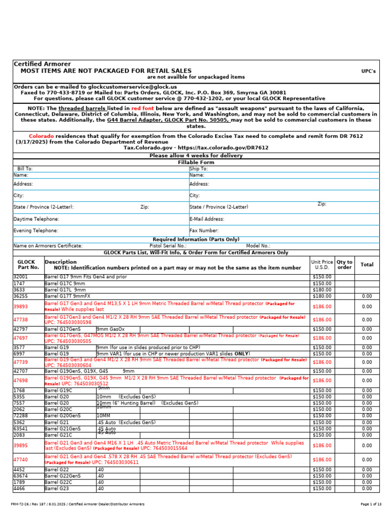 GLOCK Certified Armorer Parts Order Form | PDF | Firearms | Projectile ...