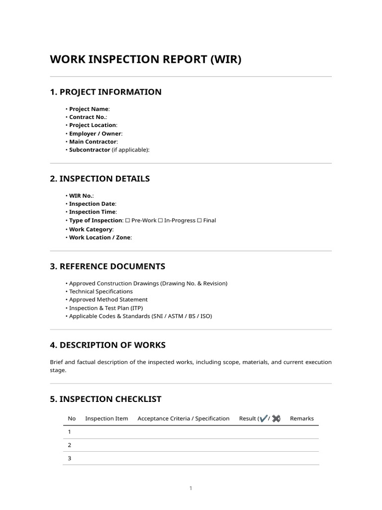 Work Inspection Report Template | PDF