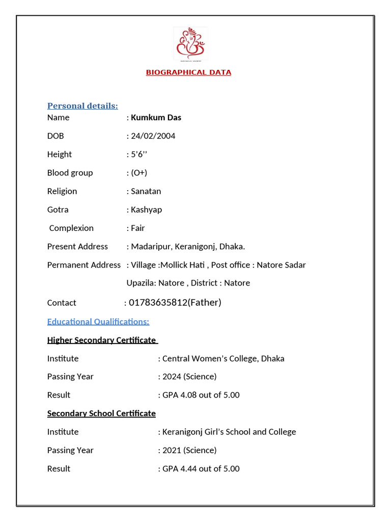 Kumkum Das: Personal and Educational Profile | PDF