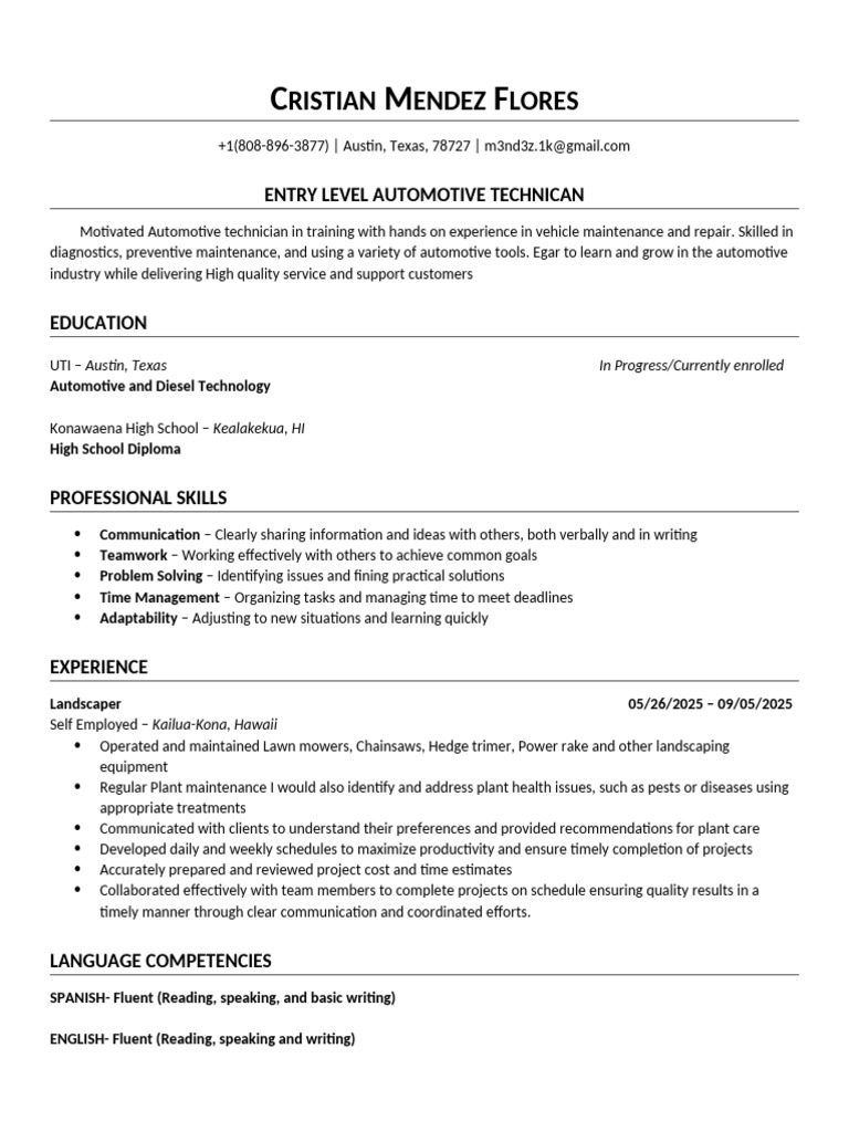 Entry-Level Automotive Technician Resume | PDF | Auto Mechanic