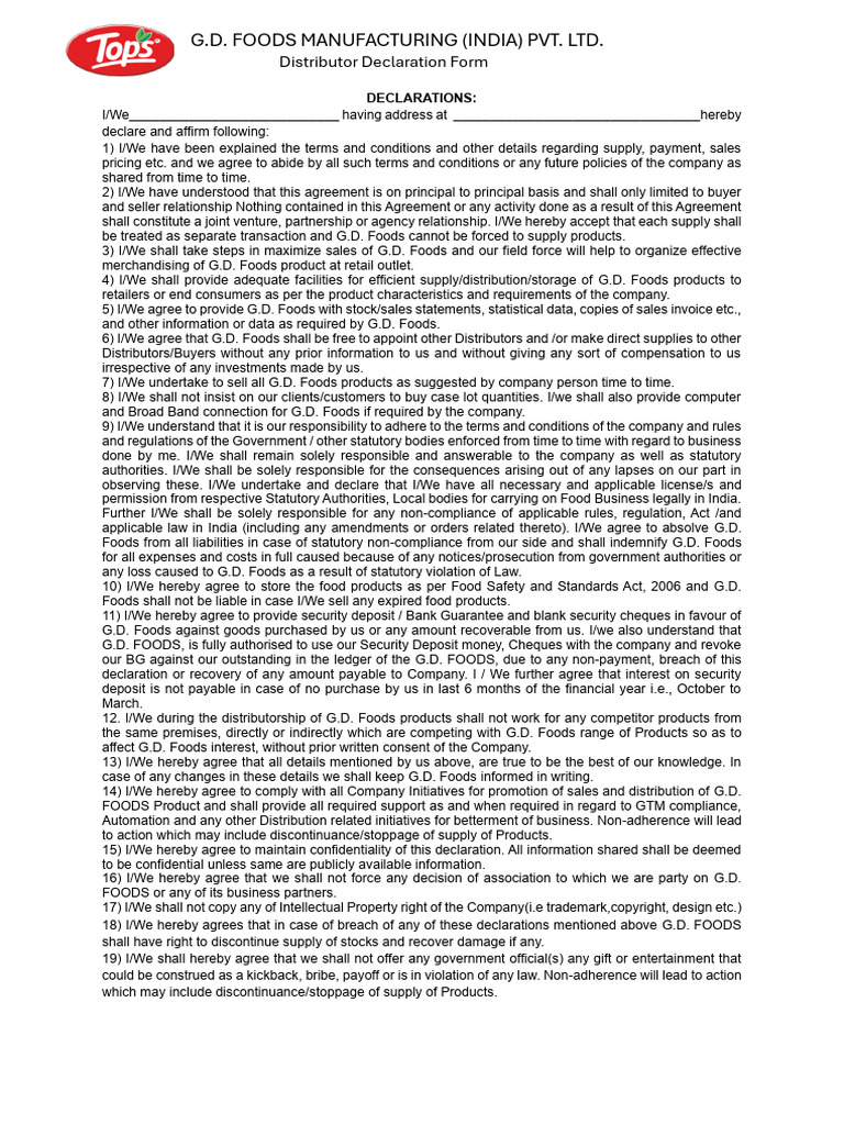G.D. Foods Distributor Declaration Form | PDF | Sales | Regulatory ...