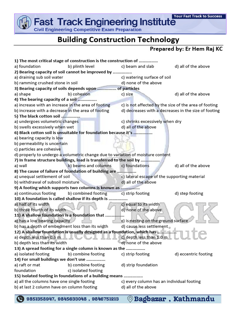 Building Construction Technology Quiz | PDF | Concrete | Foundation ...