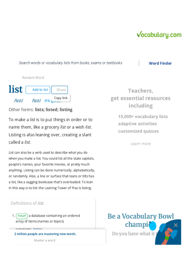 List - Definition, Meaning & Synonyms _ Vocabulary.com | PDF ...