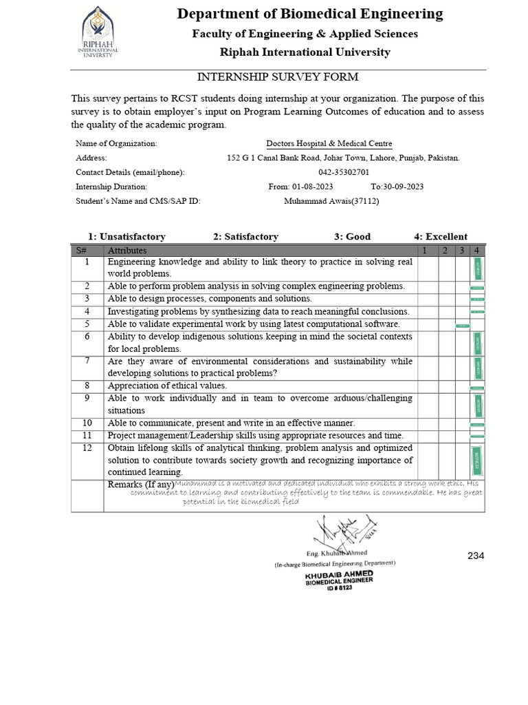 Internship Survey for Biomedical Engineering | PDF | Engineering ...