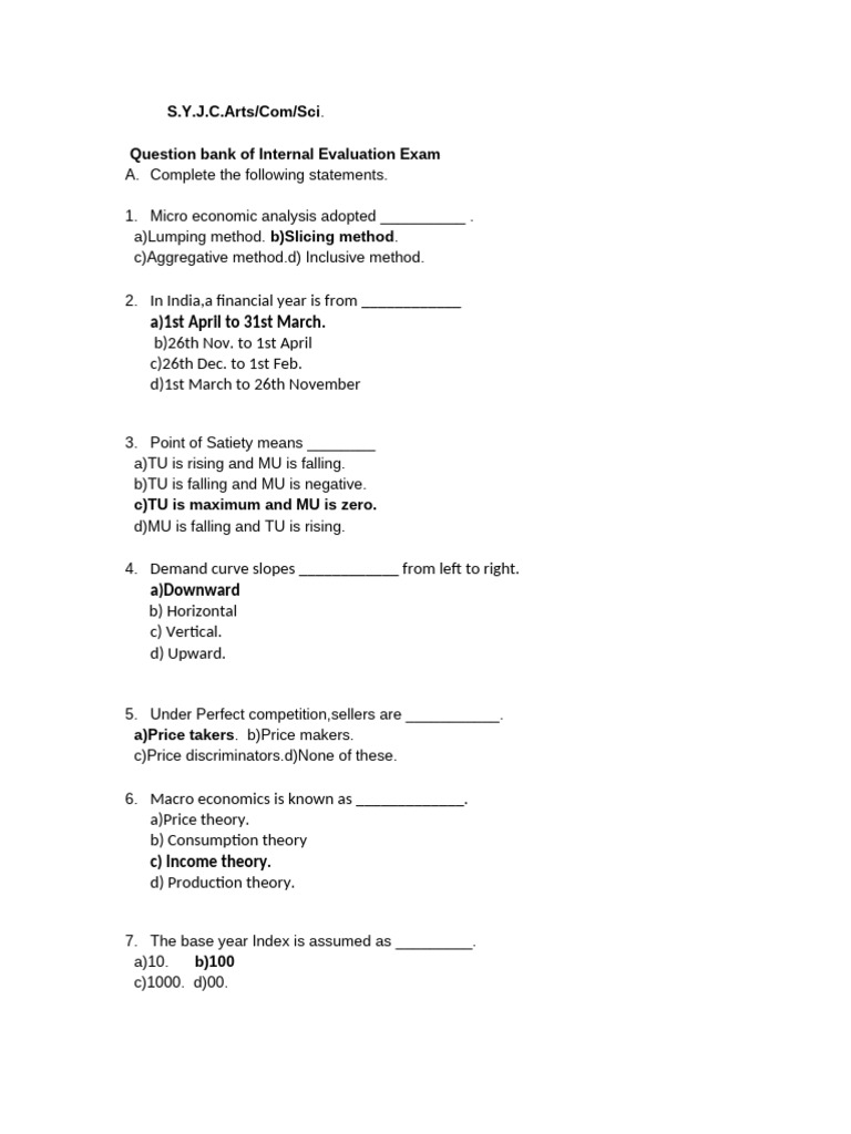 Internal Evaluation Exam Question Bank | PDF | Economics | Microeconomics