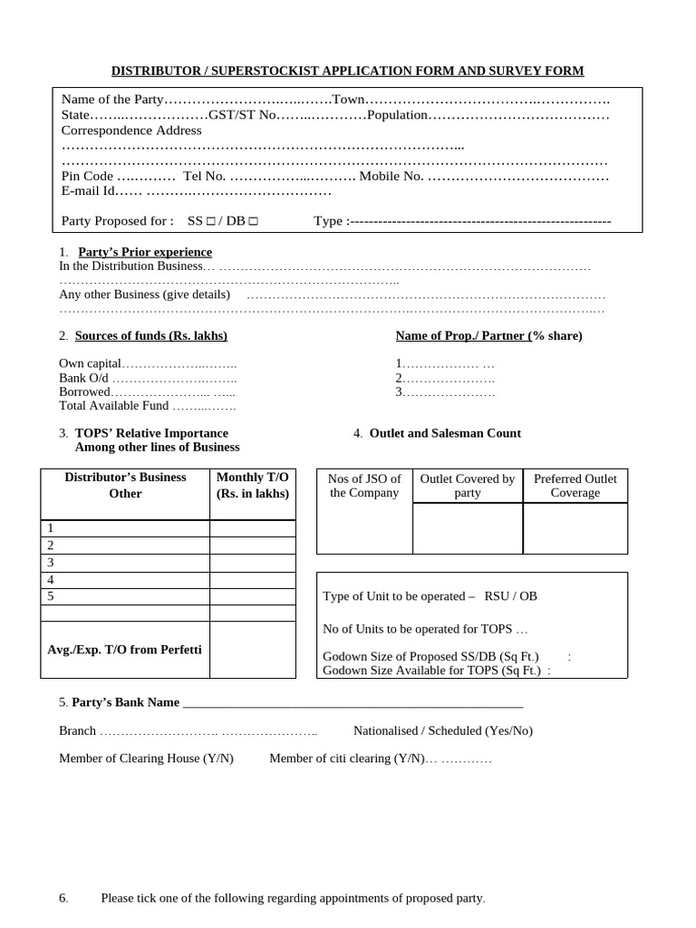 Distributor - New Application Sheet - Tops | PDF | Warehouse