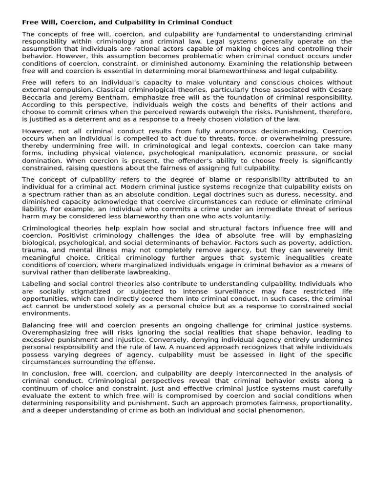 Free Will, Coercion, And Culpability in Criminal Conduct | PDF ...