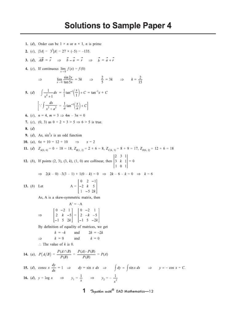 Cbse Cl12 Ead Mathematics 2026 Edition Ans to Sp 4 | PDF