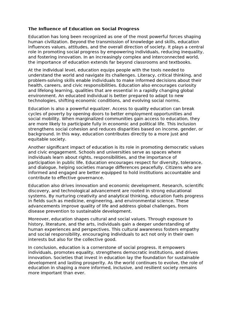 The Influence of Education on Social Progress | PDF | Civic Engagement ...
