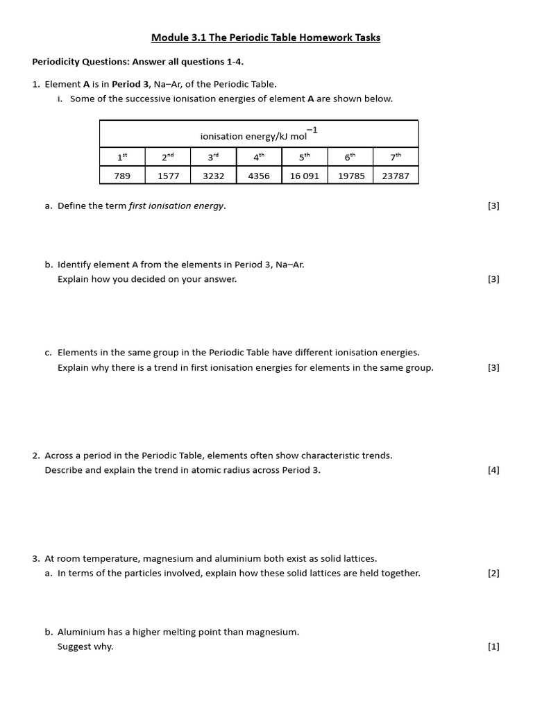 Periodic Table Homework Tasks Guide | PDF