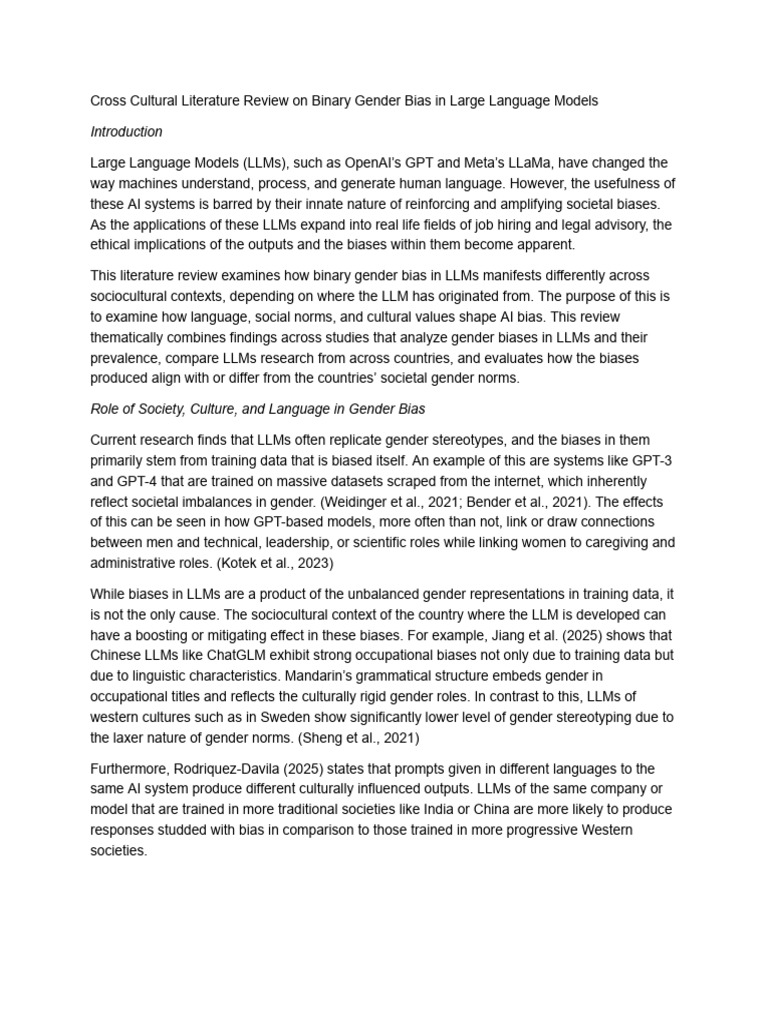 Cross Cultural Literature Review on Binary Gender Bias in Large ...