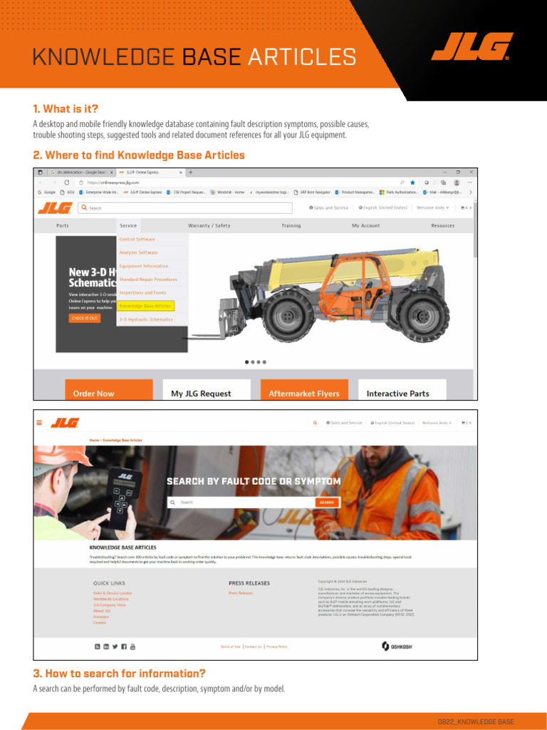 JLG Equipment Knowledge Base Guide | PDF