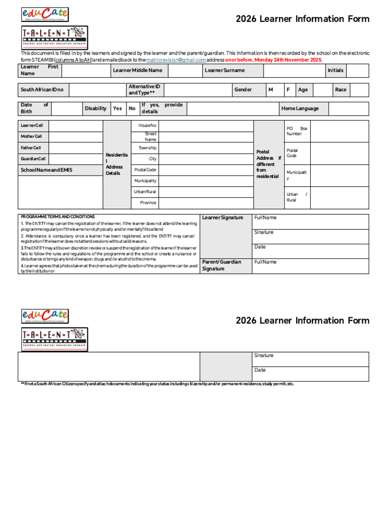2026 Learner Registration Form Details | PDF
