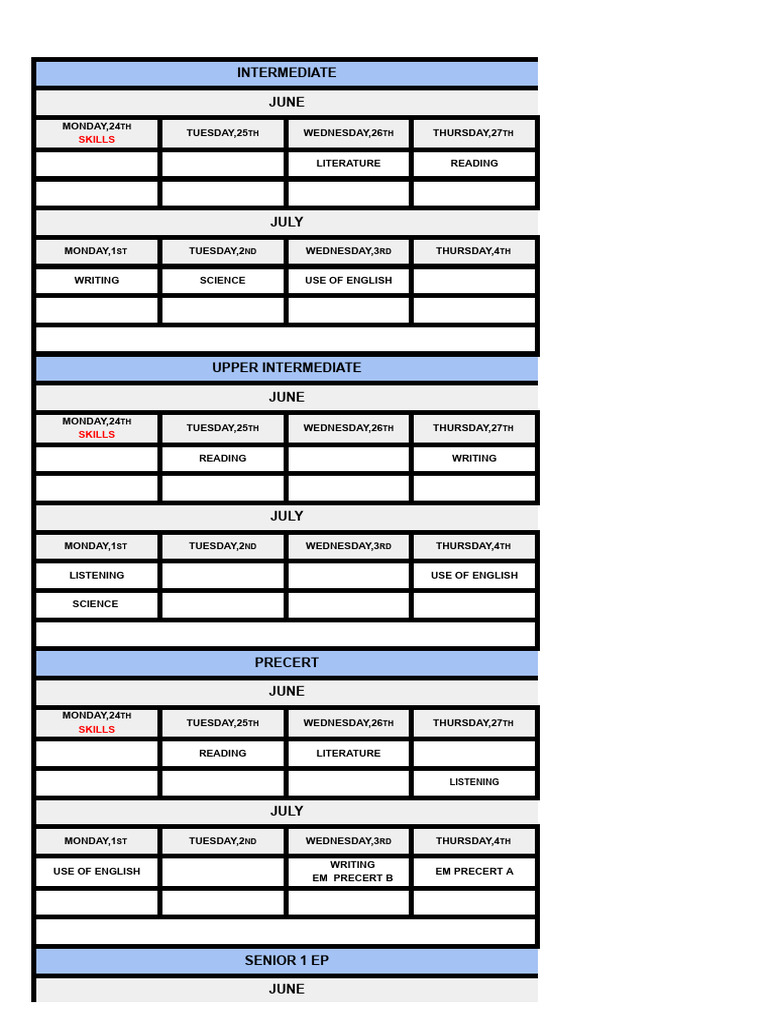 June-July Language Skills Schedule | PDF
