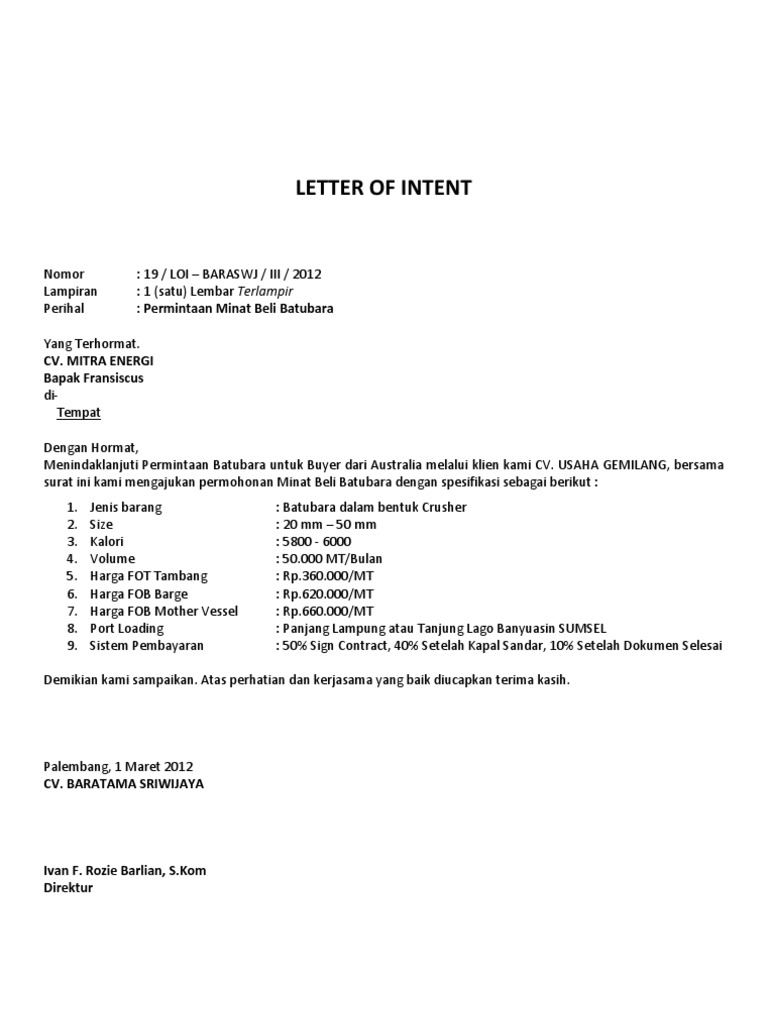 Contoh surat loi kerjasama Berikut Contoh MOU Kesepakatan Kerjasama.