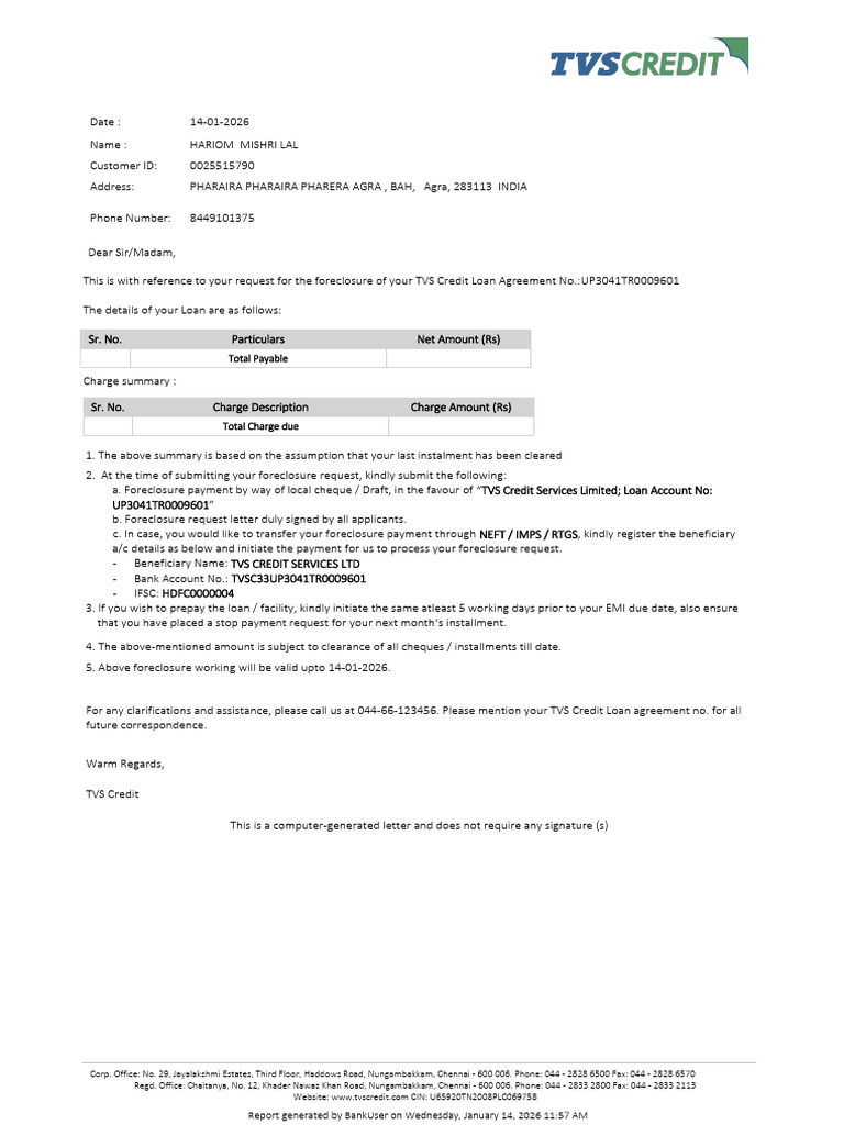 TVS Credit Loan Foreclosure Instructions | PDF | Money | Banking