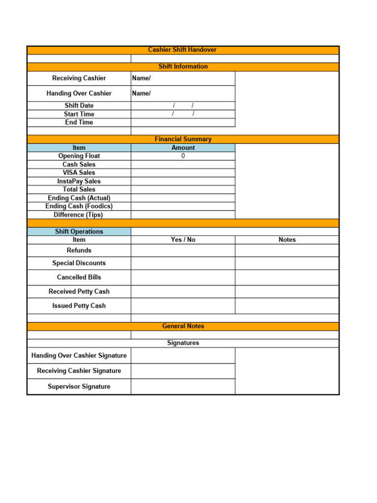 Cashier Shift Handover Report Template | PDF