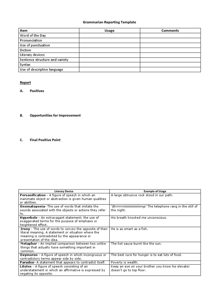 Literary Devices Reporting Template | PDF | Language Arts & Discipline