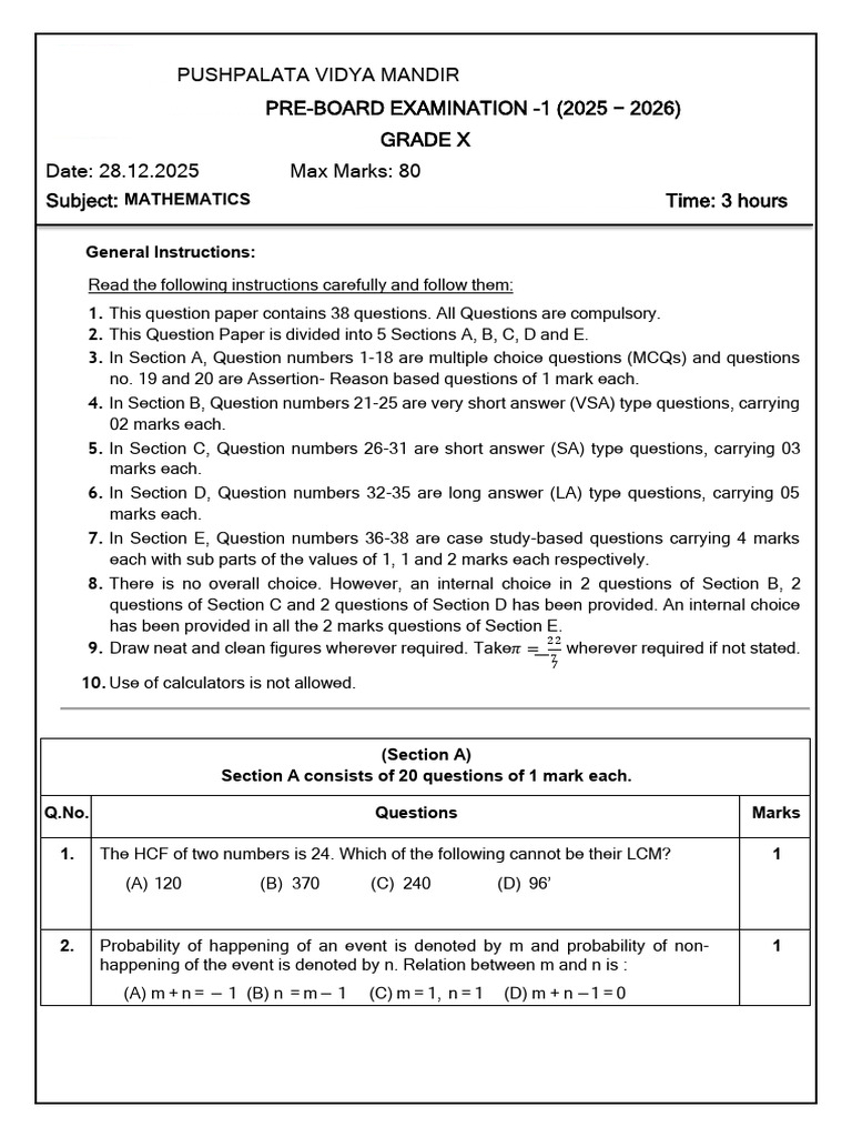 Grade X Pre-Board Exam 2025-2026 | PDF | Circle | Numbers