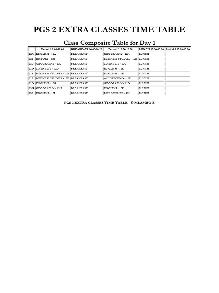 PGS 2 Extra Classes Timetable | PDF | Science
