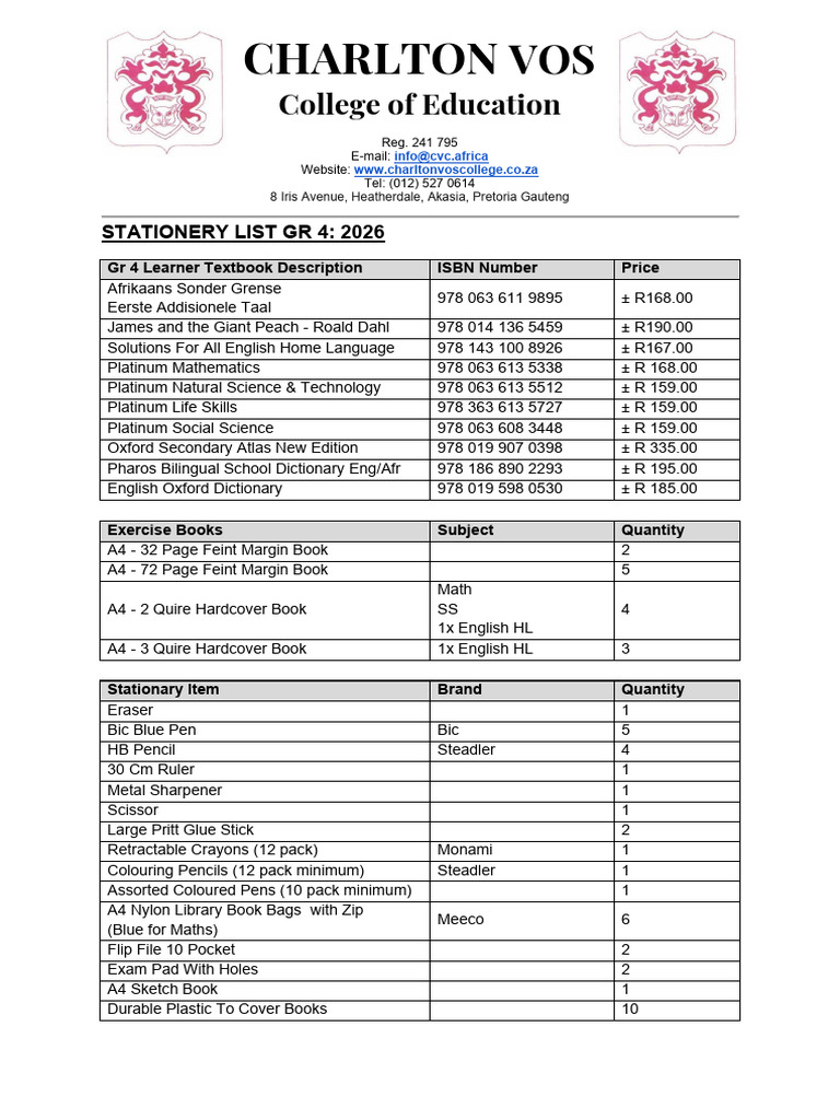 2026 Stationery List GR 4 | PDF | Stationery