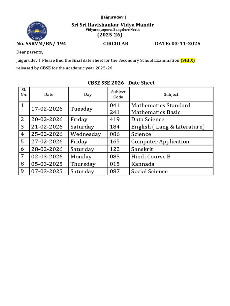 CBSE Std X Exam Date Sheet 2026 | PDF